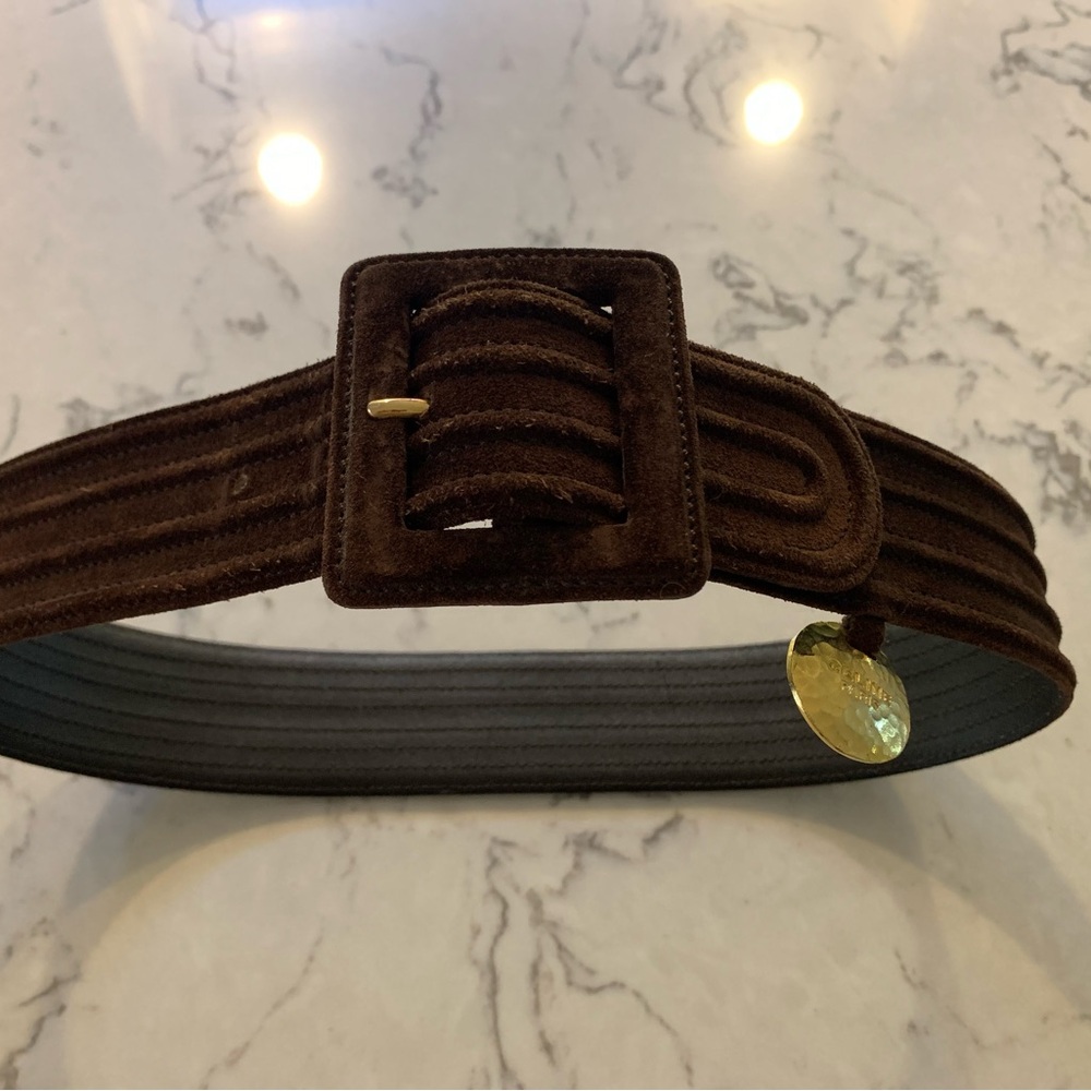 Original Celine brown suede women belt with golden tag